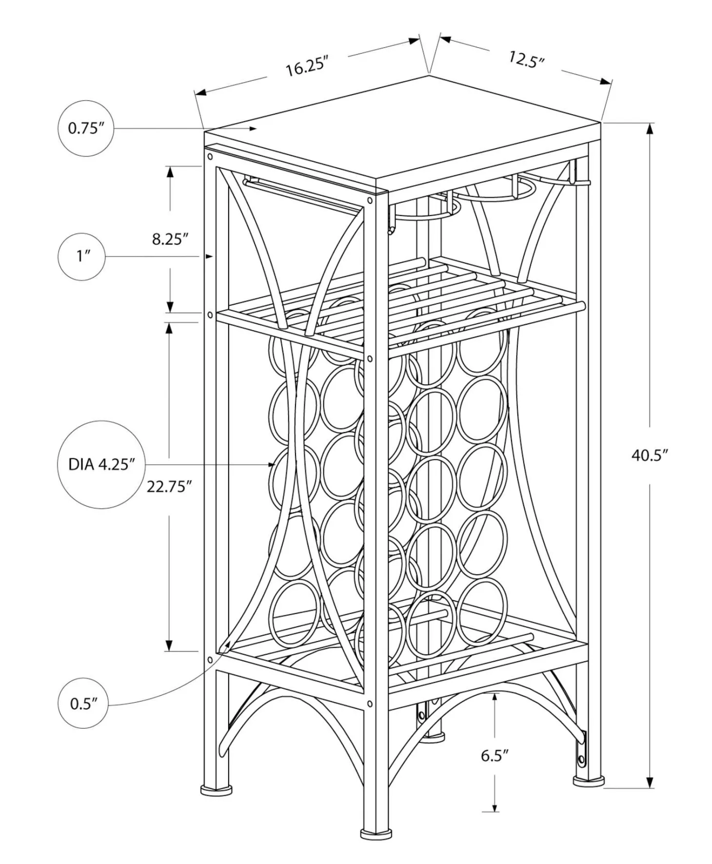Bar maison - 40"H/métal noir support à verre et bouteille - Monarch