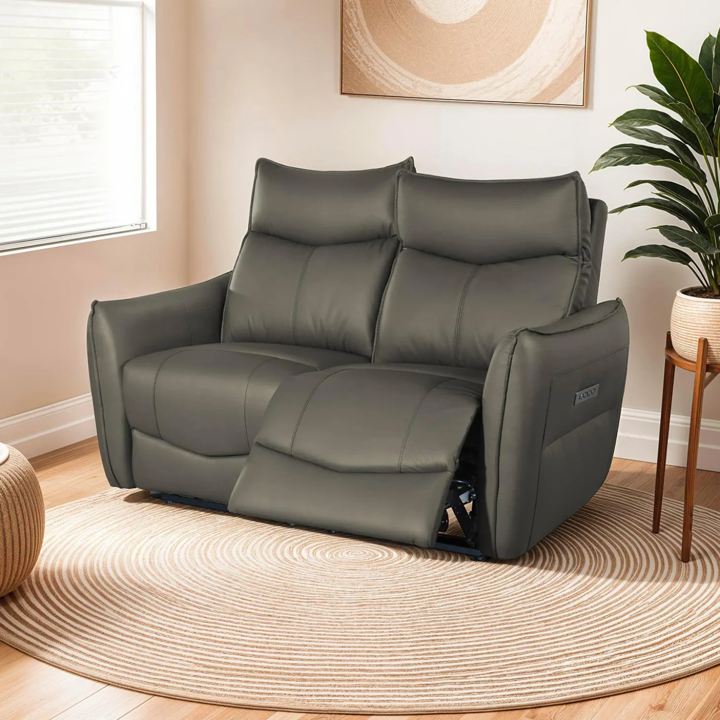 Causeuse inclinable électrique en cuir véritable à 3 moteurs - appuis-tête, repose-pieds et soutien lombaire