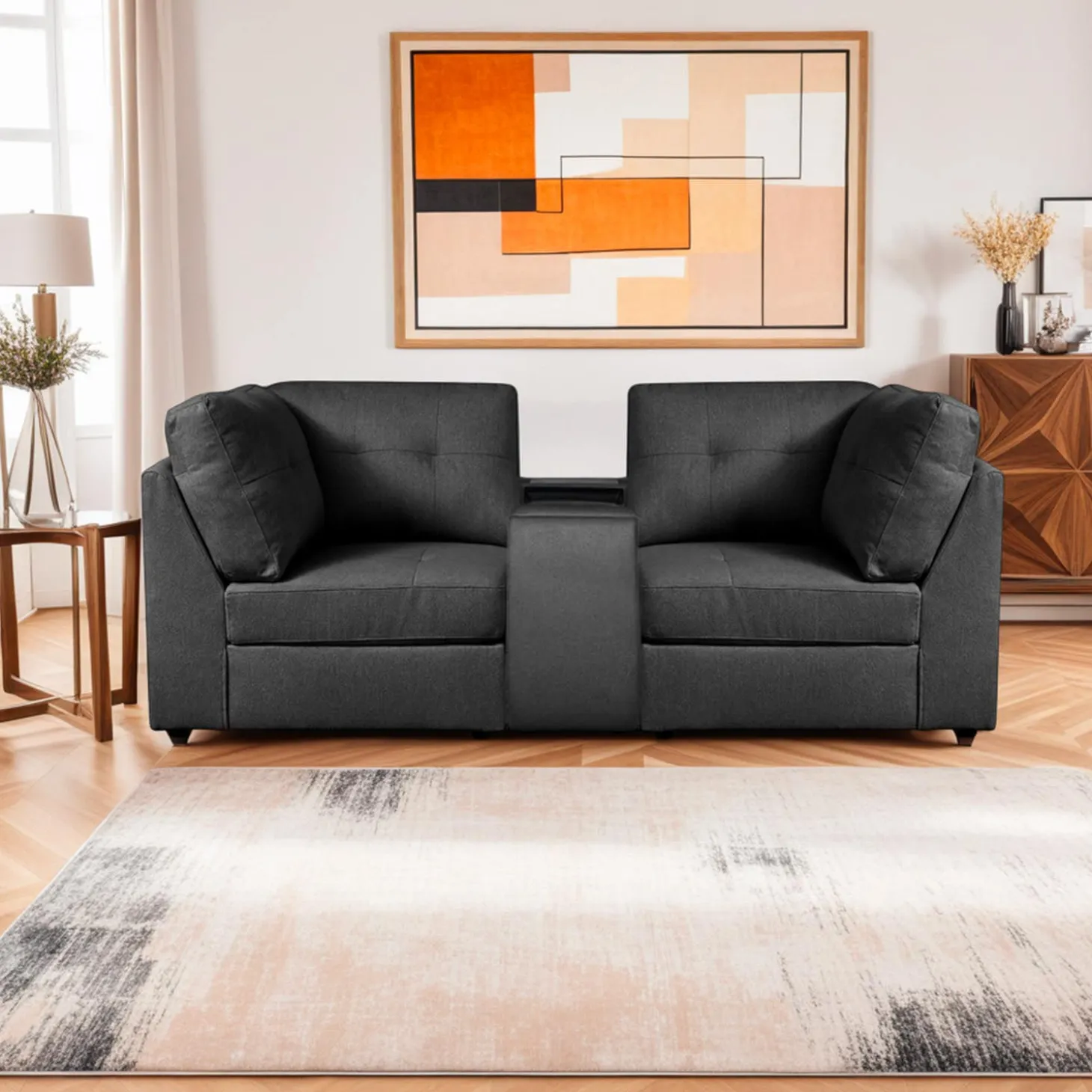 Causeuse modulaire grise avec console - 3 mcx
