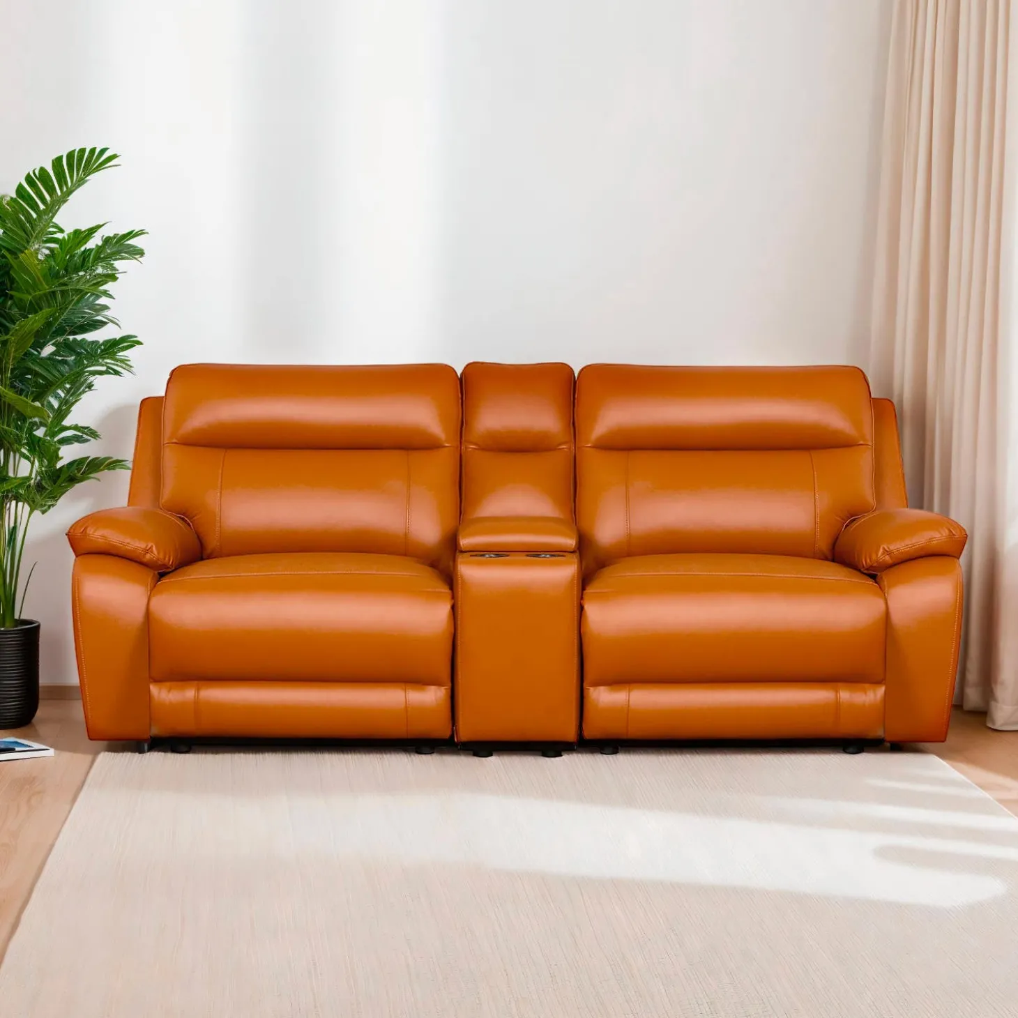 Causeuse modulaire inclinable électrique avec console en cuir véritable - 3 mcx