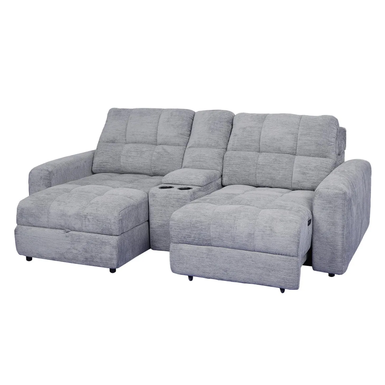 Causeuse modulaire électrique avec siège coulissant à droite, chaise longue à gauche avec rangement et console - 3 mcx