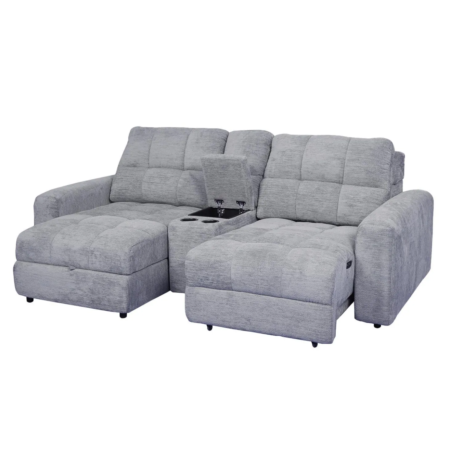 Causeuse modulaire électrique avec siège coulissant à droite, chaise longue à gauche avec rangement et console - 3 mcx