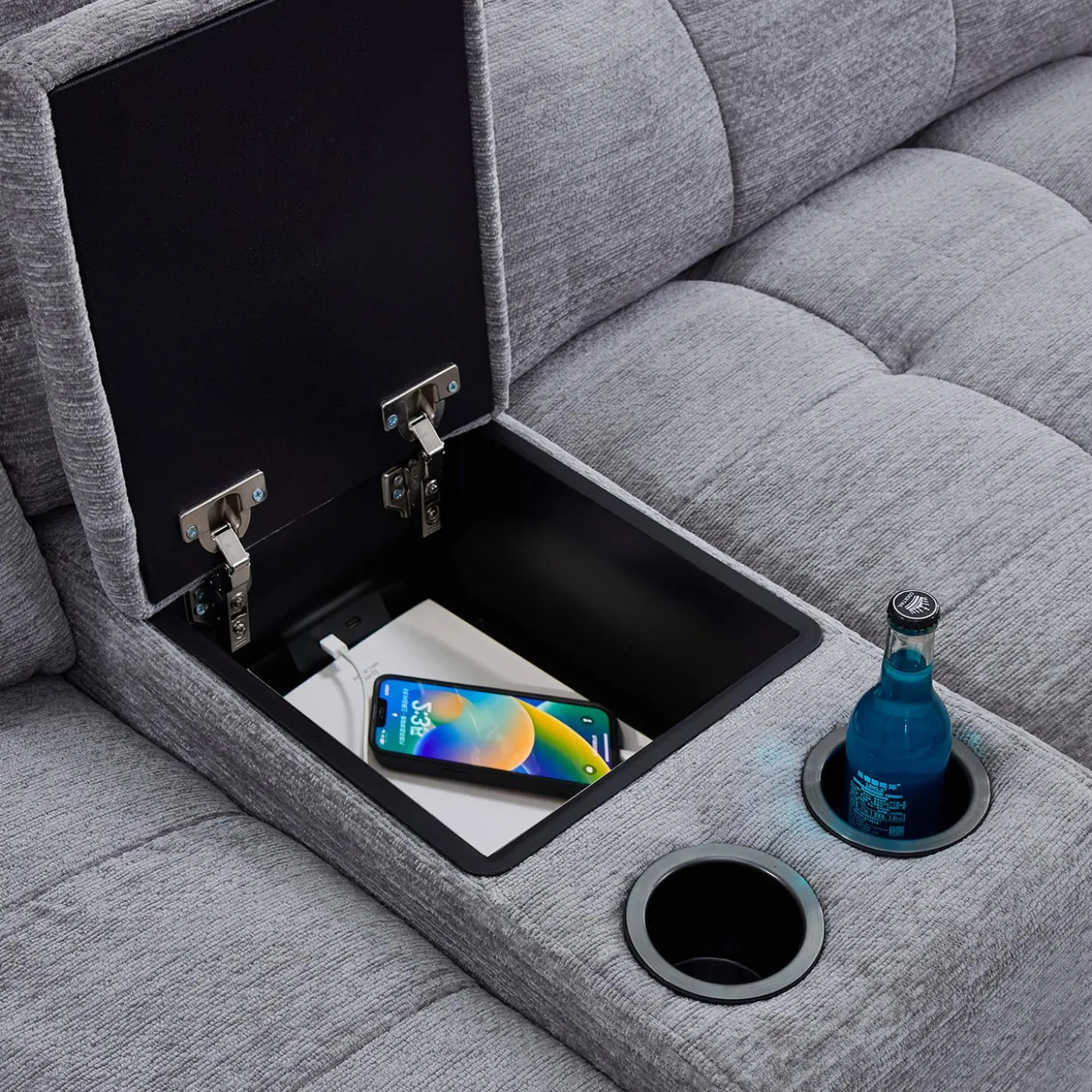 Causeuse modulaire électrique avec siège coulissant à droite, chaise longue à gauche avec rangement et console - 3 mcx