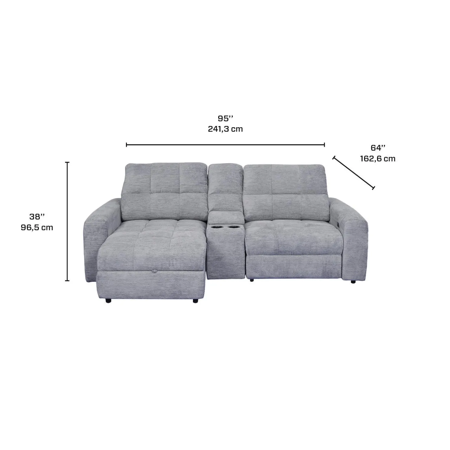 Causeuse modulaire électrique avec siège coulissant à droite, chaise longue à gauche avec rangement et console - 3 mcx