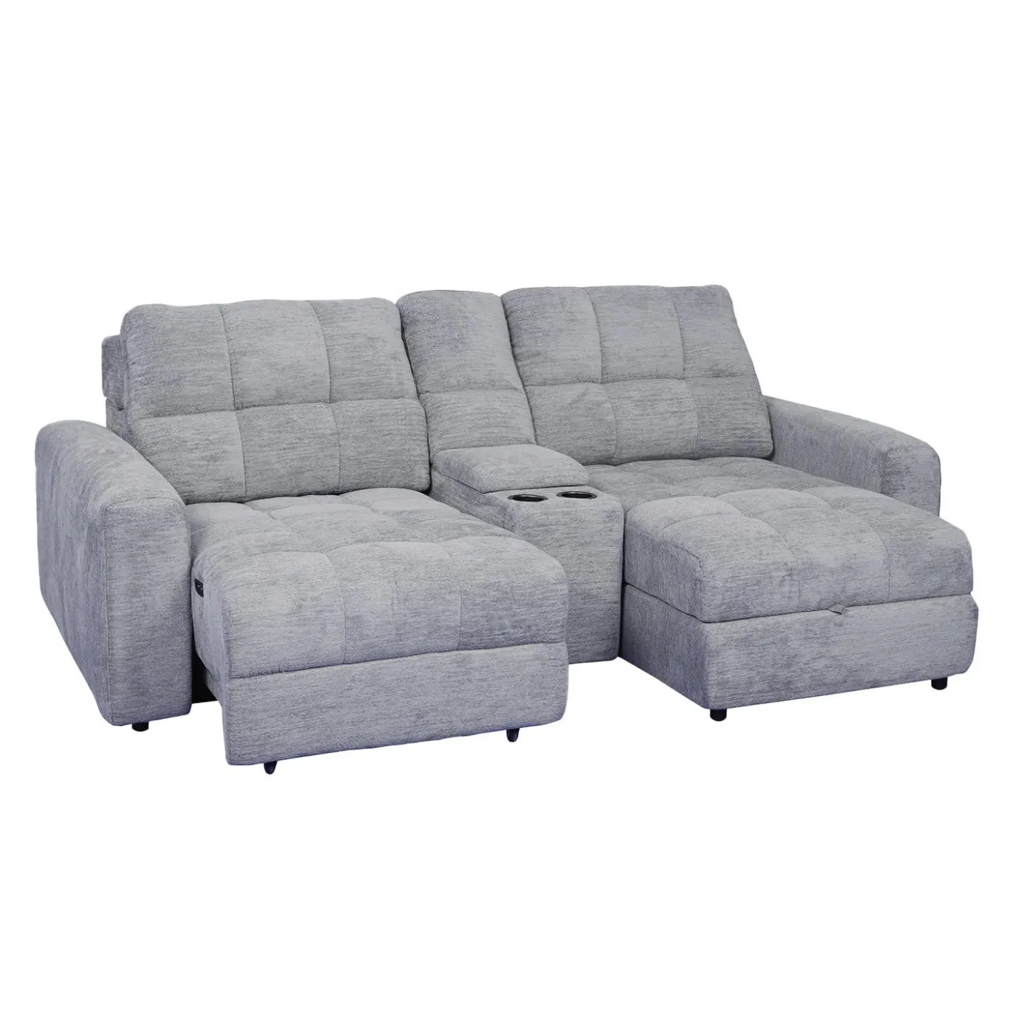 Causeuse modulaire électrique avec siège coulissant à gauche, chaise longue à droite avec rangement et console - 3 mcx