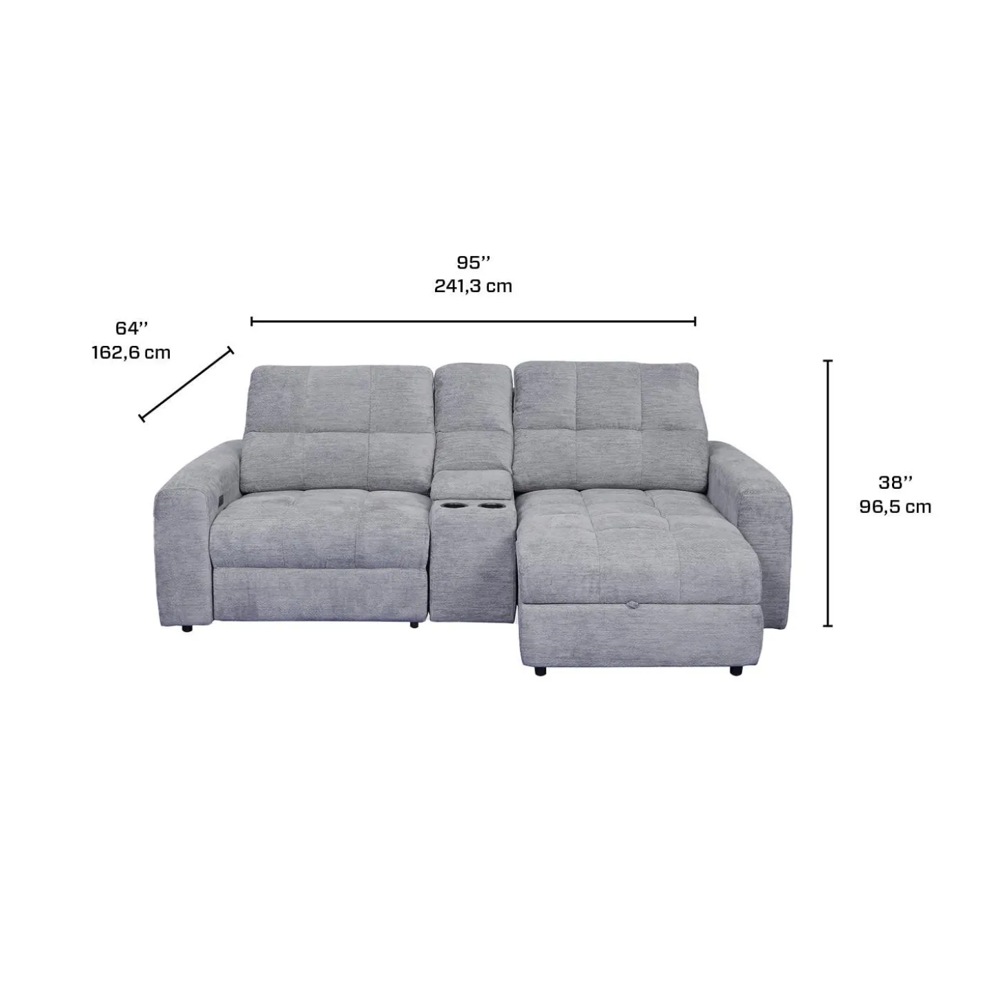 Causeuse modulaire électrique avec siège coulissant à gauche, chaise longue à droite avec rangement et console - 3 mcx