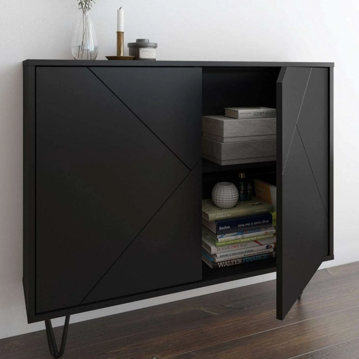 Console de rangement 2 portes slim, noir - Nexera