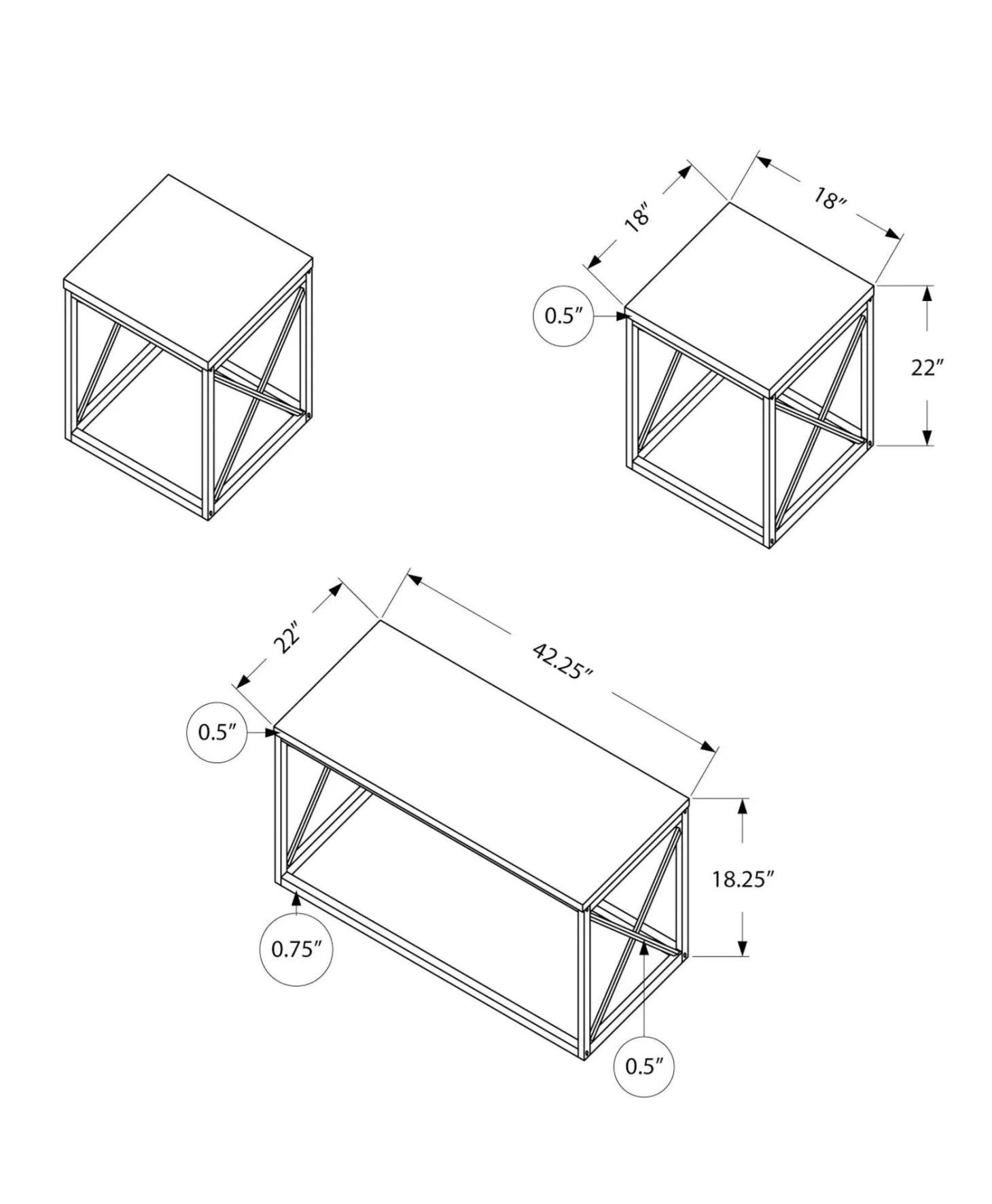 Ens de tables - 3mcx, blanc, métal argent - Monarch