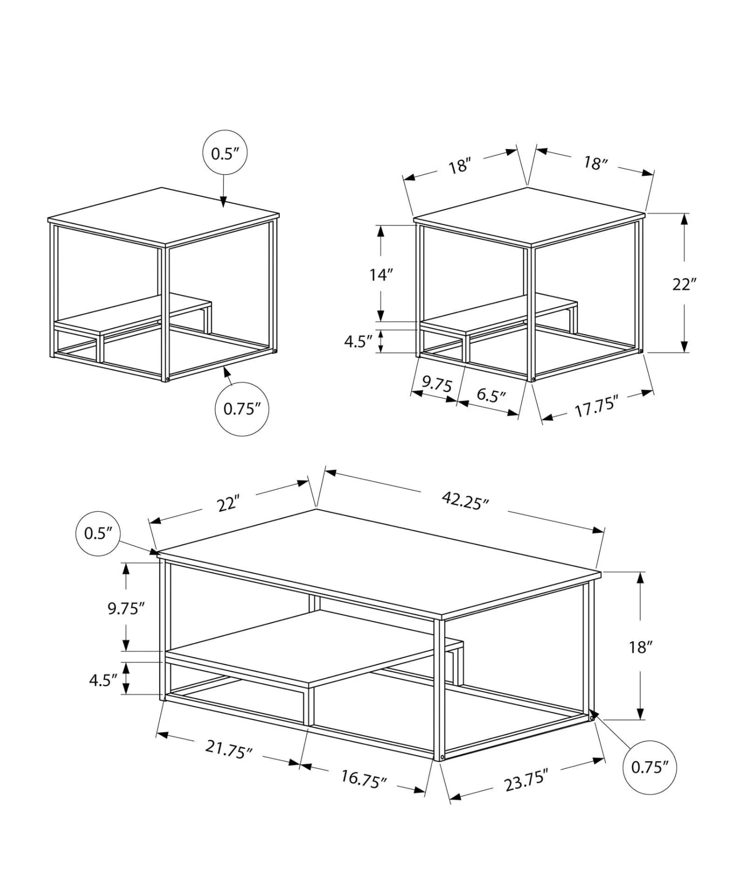 Ens de tables - 3mcx, blanc, métal argent - Monarch