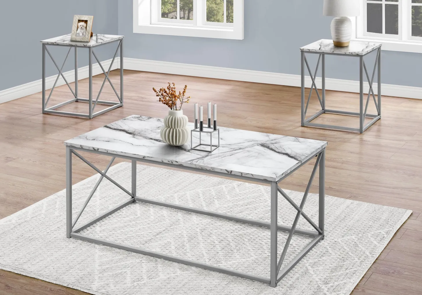 Ens de tables - 3mcx, marbre blanc, métal argent - Monarch