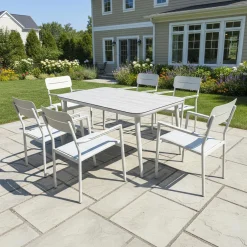 Ensemble à dîner d’extérieur en aluminium avec plateau en verre trempé et 6 chaises