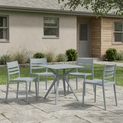 Ensemble à dîner d'extérieur en résine avec 1 table carrée et 4 chaises empilables - gris