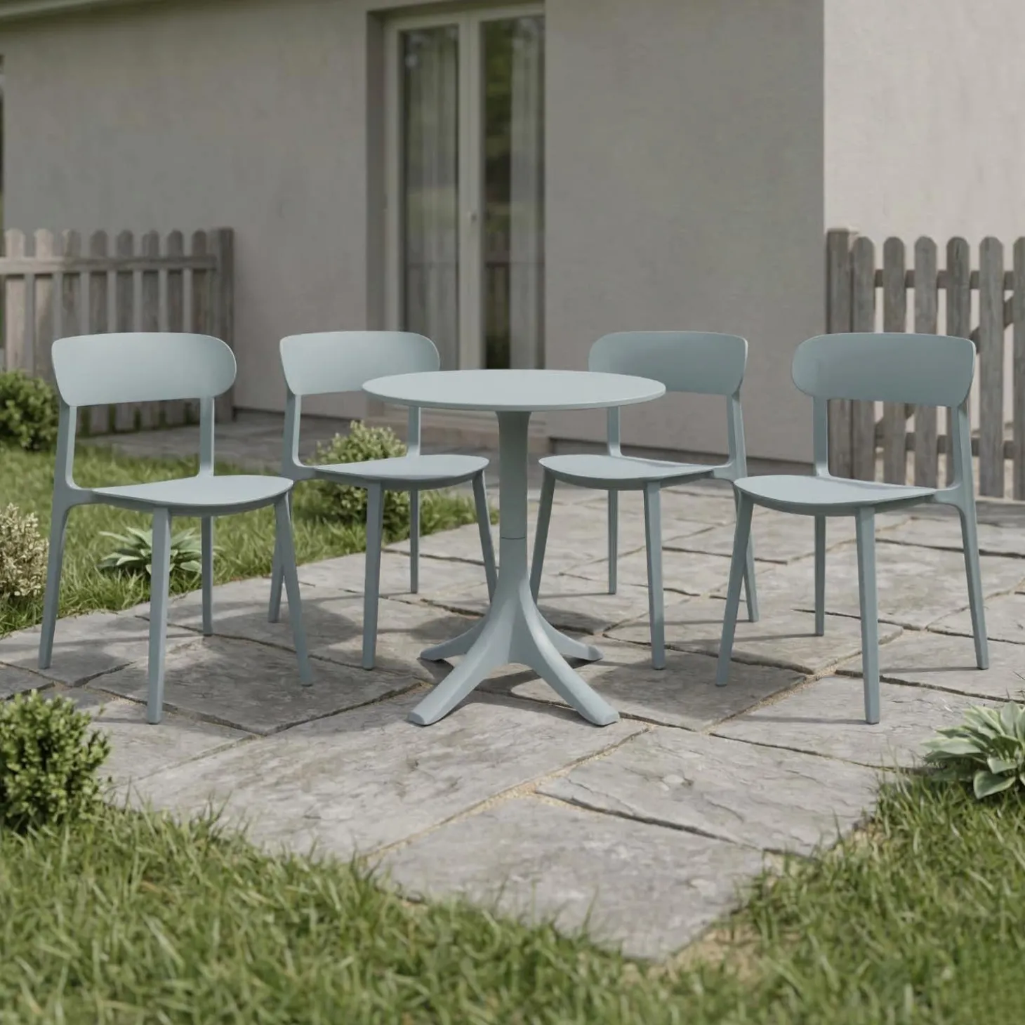 Ensemble à dîner d'extérieur en résine avec 1 table ronde et 4 chaises empilables - gris