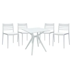 Ensemble à dîner d'extérieur en résine avec 1 table carrée et 4 chaises empilables - blanc