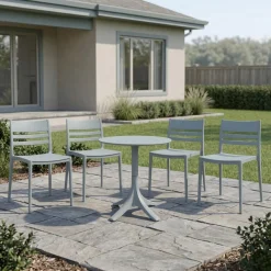 Ensemble à dîner d'extérieur en résine avec 1 table ronde et 4 chaises empilables - gris