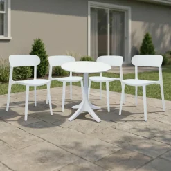 Ensemble à dîner d'extérieur en résine avec 1 table ronde et 4 chaises empilables - blanc