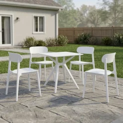 Ensemble à dîner d'extérieur en résine avec 1 table carrée et 4 chaises empilables - blanc
