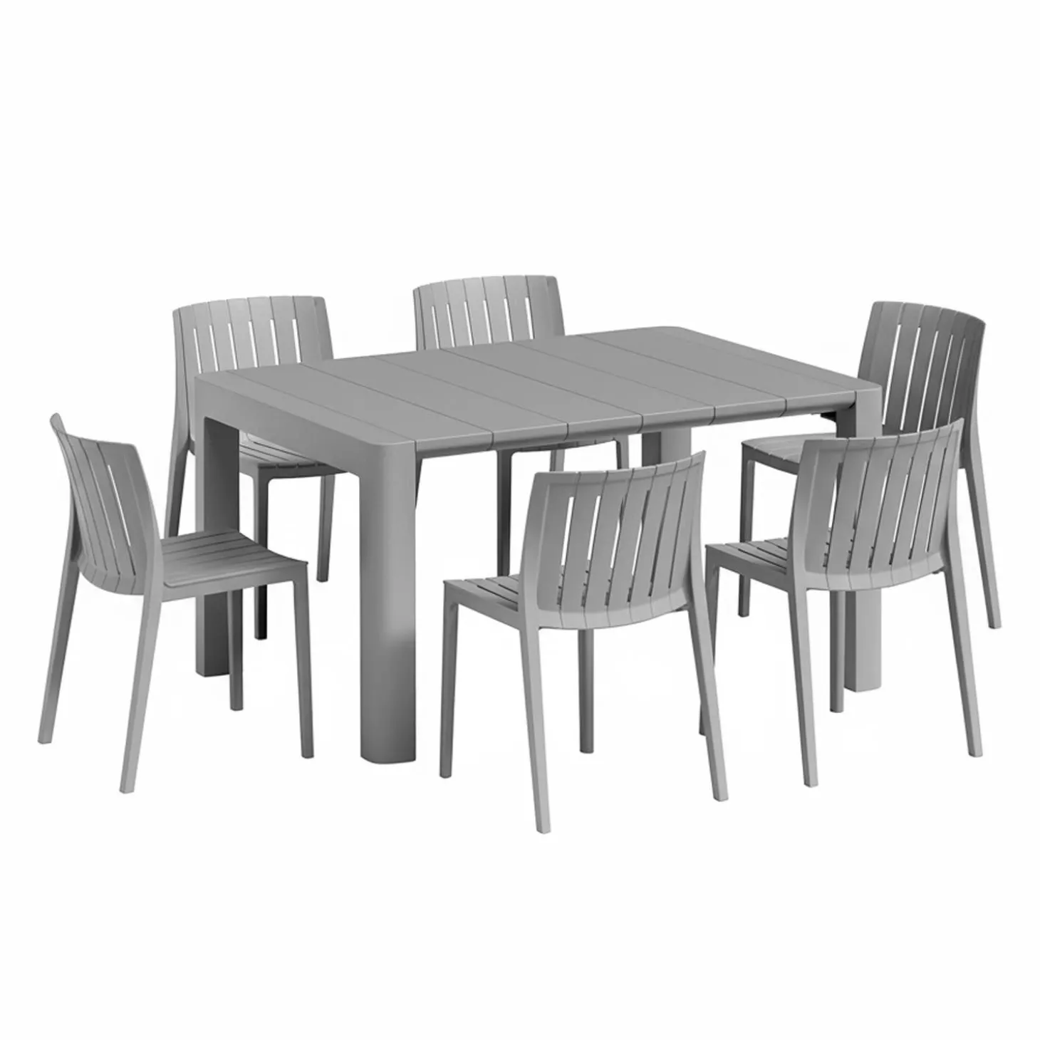 Ensemble à dîner d’extérieur en résine avec 1 table rectangulaire et 6 chaises empilables - gris