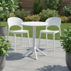Ensemble à dîner intérieur/extérieur en résine avec table ronde et 2 chaises empilables - blanc