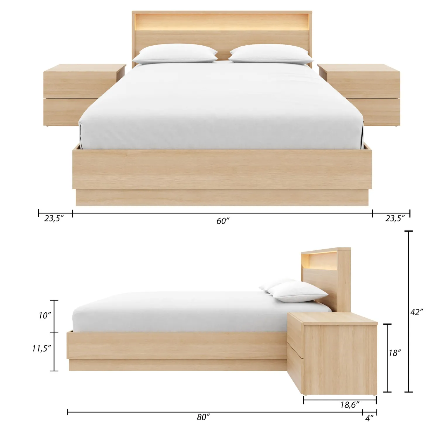 Ensemble grand lit avec éclairage (60") - 4 mcx - Nexera