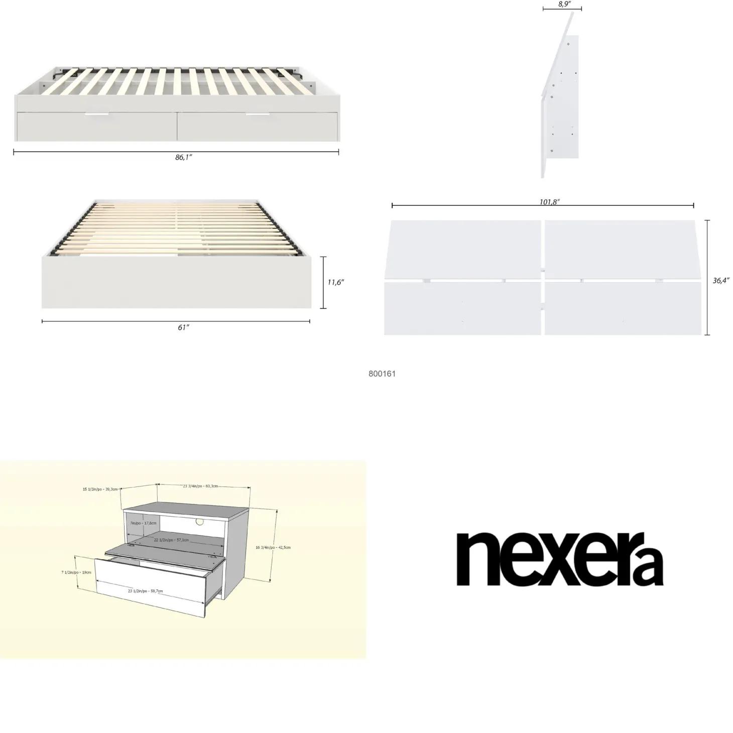 Ensemble grand lit avec rangement 2 tiroirs (60") - 3 mcx - Nexera