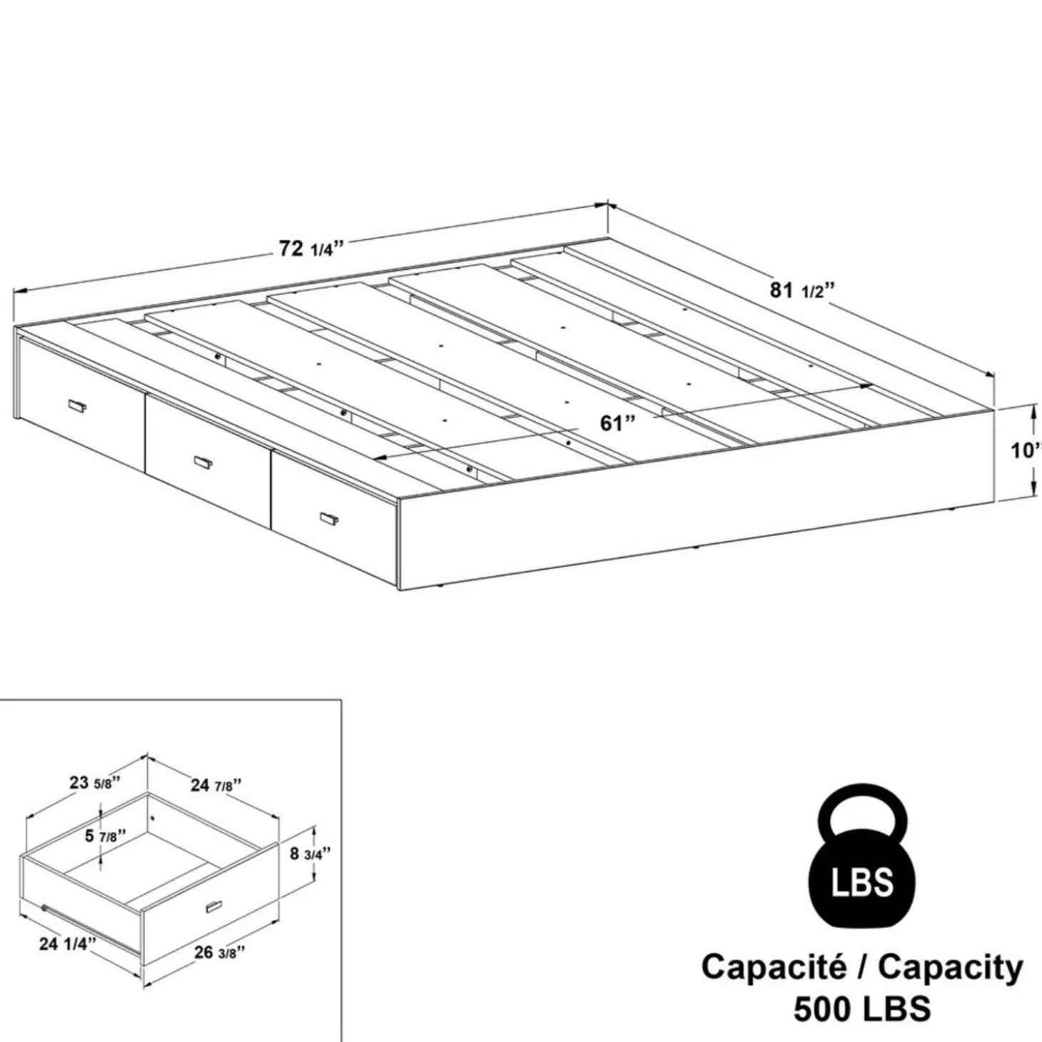 Ensemble grand lit avec rangement 6 tiroirs (60") - 4 mcx
