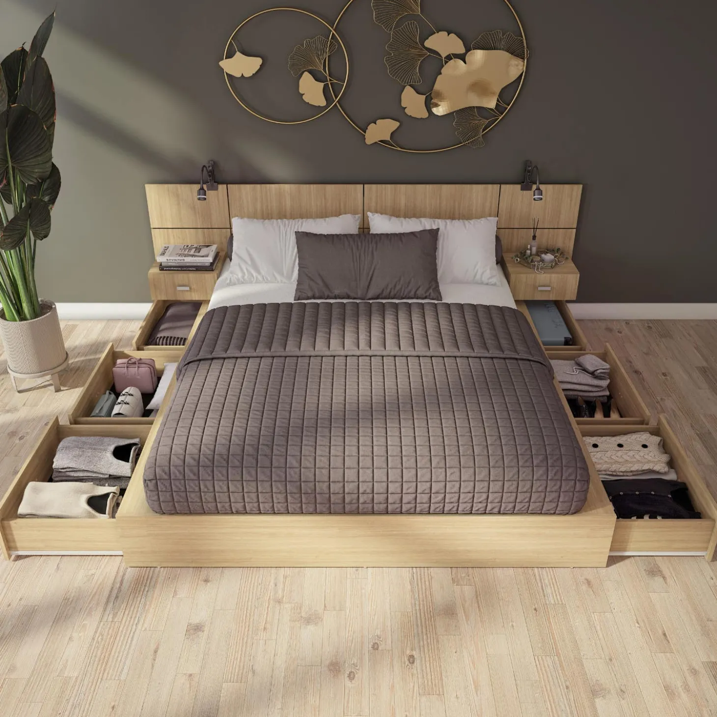 Ensemble grand lit avec rangement 6 tiroirs (60") - 4 mcx