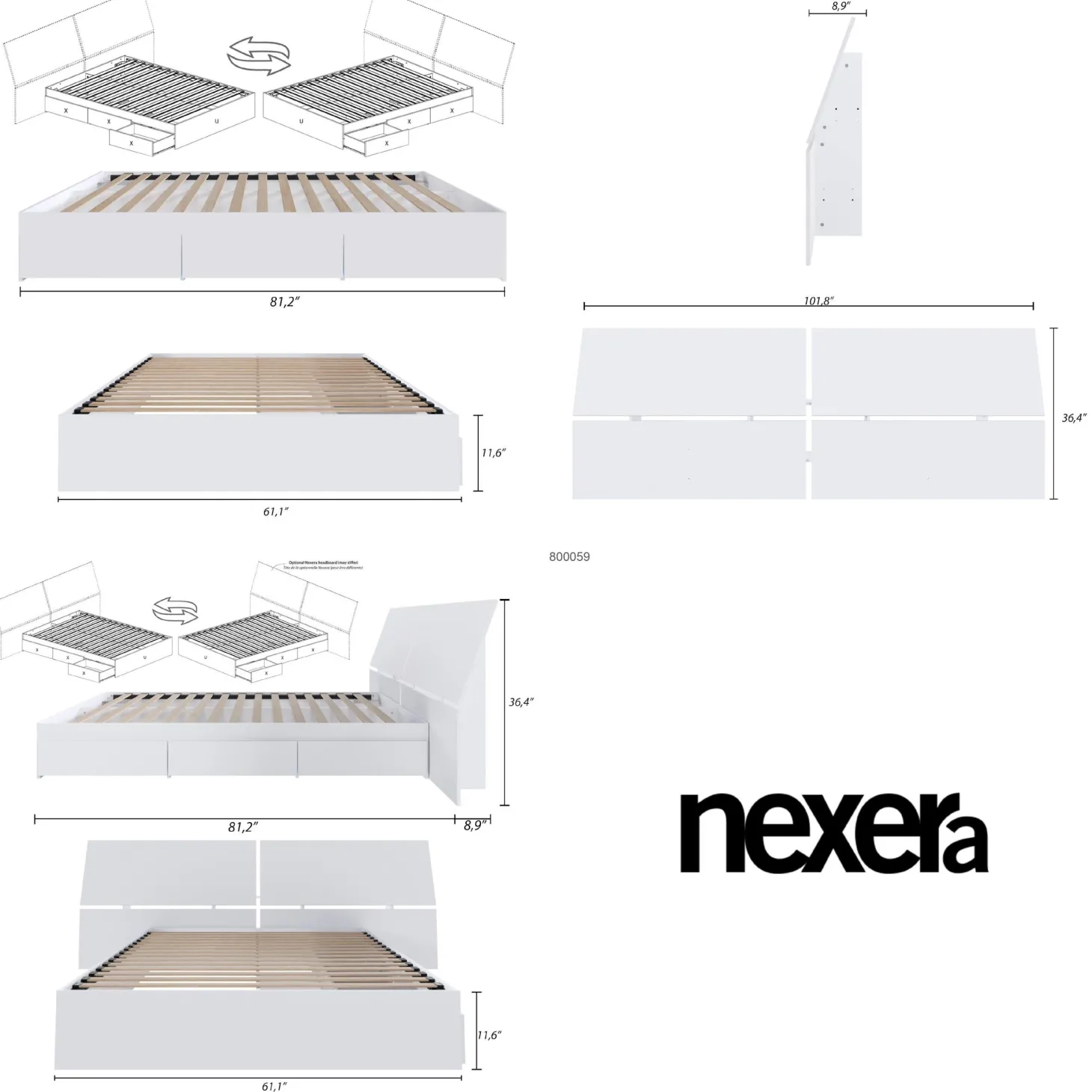 Ensemble grand lit avec rangement (60") - 3 mcx - Nexera