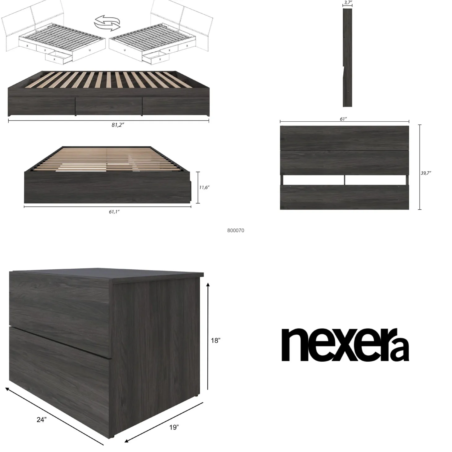 Ensemble grand lit avec rangement (60") - 3 mcx - Nexera