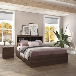 Ensemble lit double avec rangement 6 tiroirs, tête de lit et table de chevet (54")