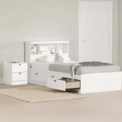 Ensemble lit simple avec rangement 3 tiroirs, tête de lit avec chargement USB et table de chevet (39") - South Shore