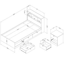 Ensemble lit simple avec rangement 3 tiroirs, tête de lit avec chargement USB et table de chevet (39