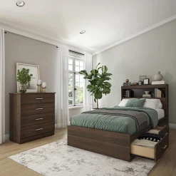 Ensemble lit simple avec rangement 3 tiroirs, tête de lit et commode (39")