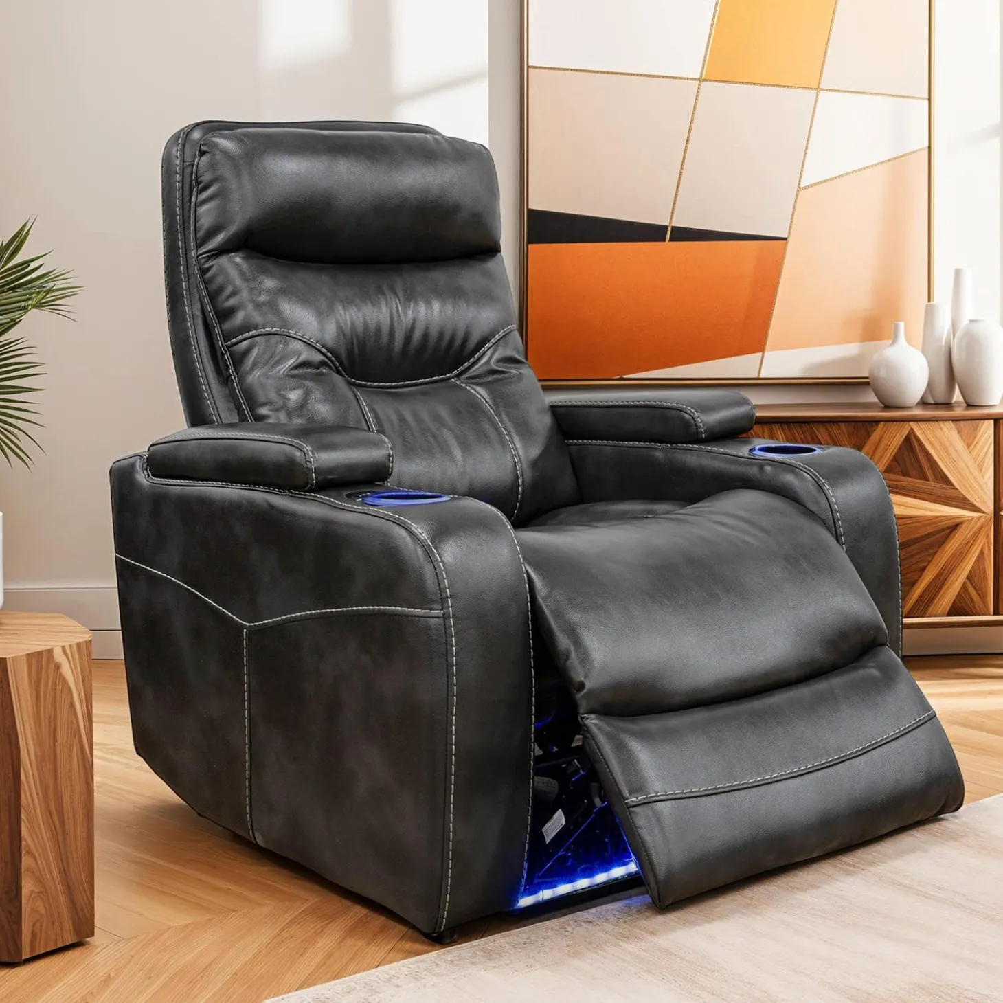 Fauteuil inclinable électrique avec rangement, porte-gobelets et éclairage DEL - gris