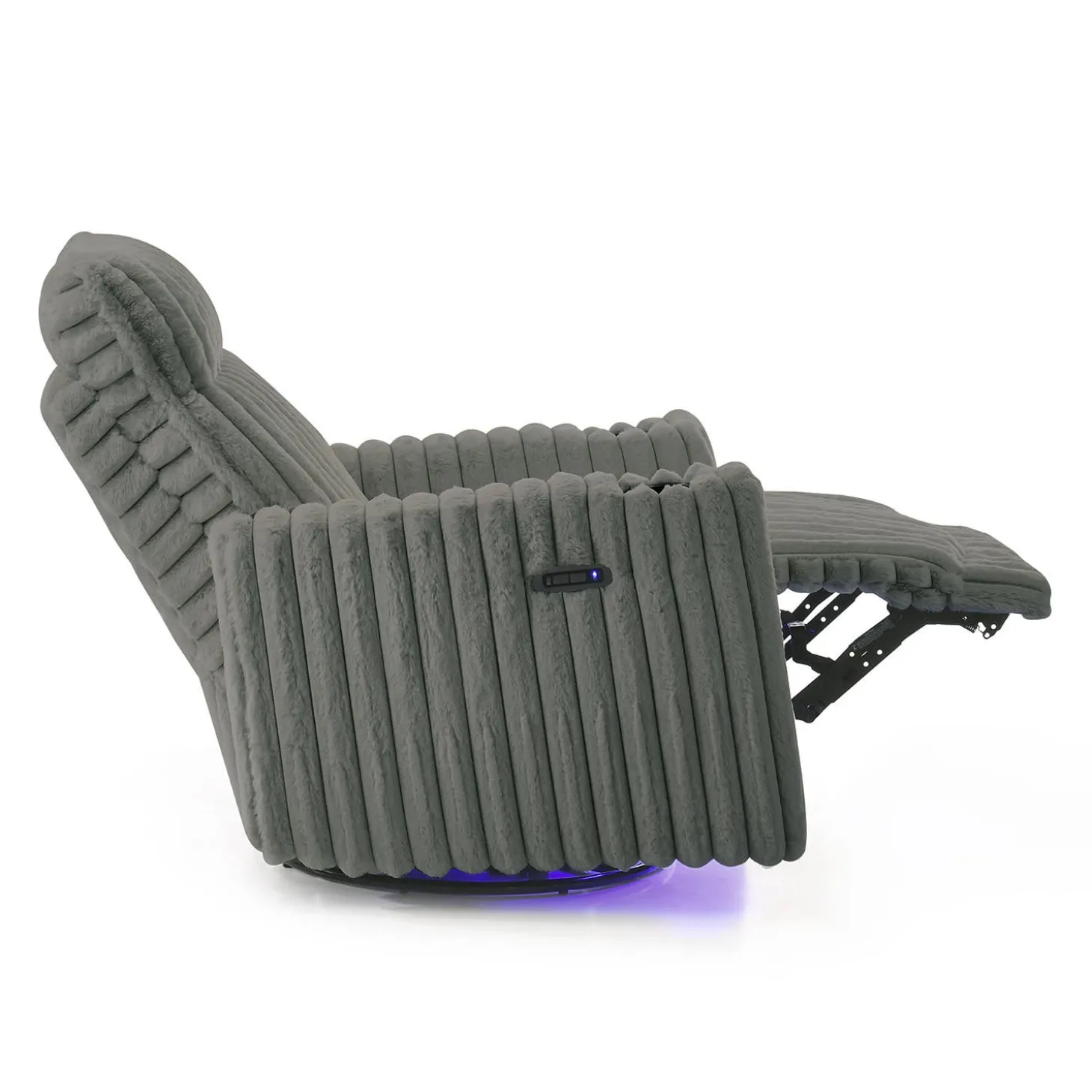 Fauteuil inclinable électrique berçant et pivotant en velours côtelé avec porte-gobelets et éclairage DEL - gris