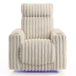 Fauteuil inclinable électrique berçant et pivotant en velours côtelé avec porte-gobelets et éclairage DEL - beige