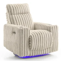 Fauteuil inclinable électrique berçant et pivotant en velours côtelé avec porte-gobelets et éclairage DEL - beige