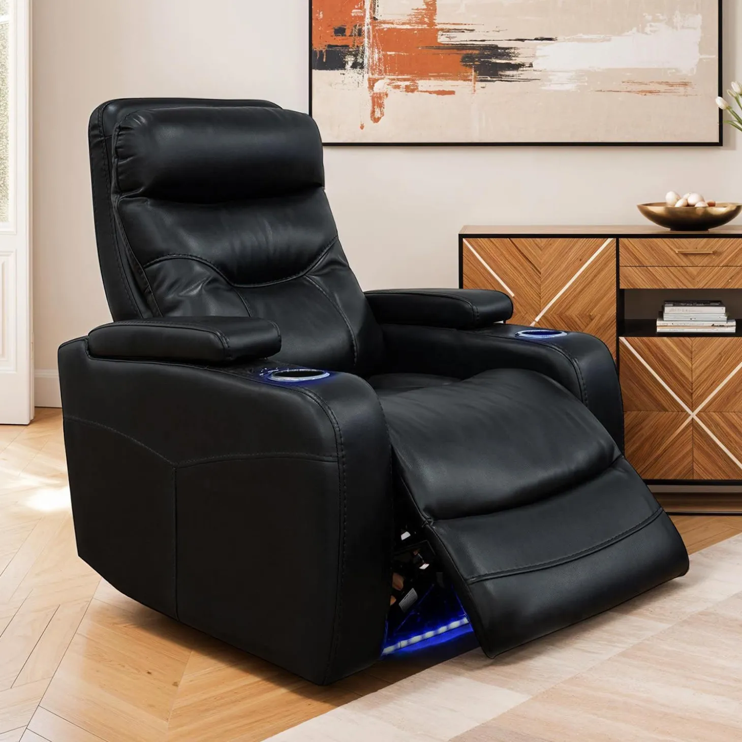 Fauteuil inclinable électrique avec rangement, porte-gobelets et éclairage DEL - noir