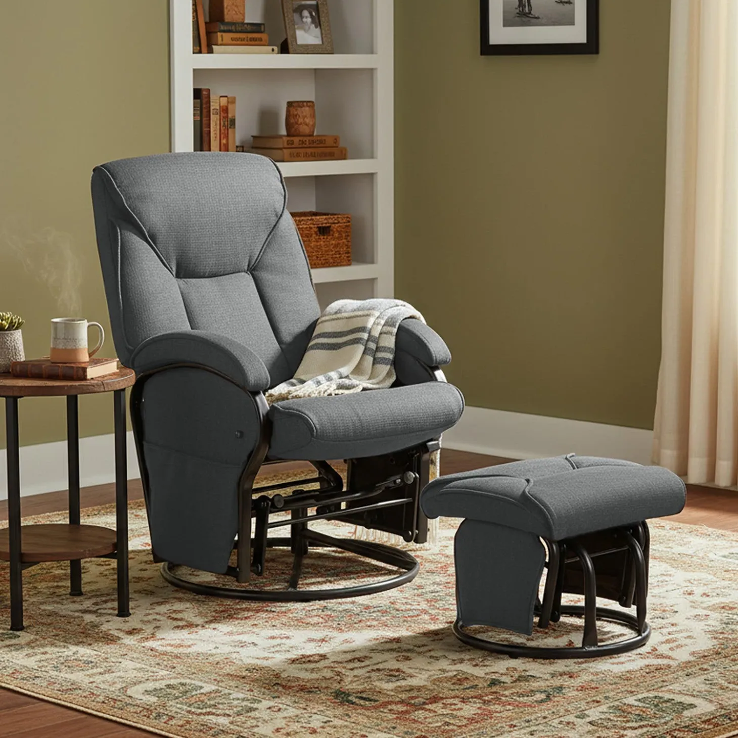 Fauteuil inclinable, pivotant et berçant à billes avec repose-pieds