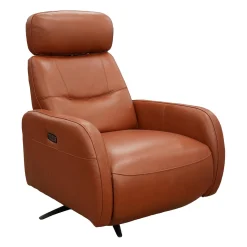 Fauteuil électrique inclinable et pivotant en cuir véritable avec appui-tête ajustable – tan