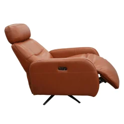 Fauteuil électrique inclinable et pivotant en cuir véritable avec appui-tête ajustable – tan