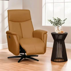 Fauteuil électrique inclinable et pivotant en cuir véritable - tan