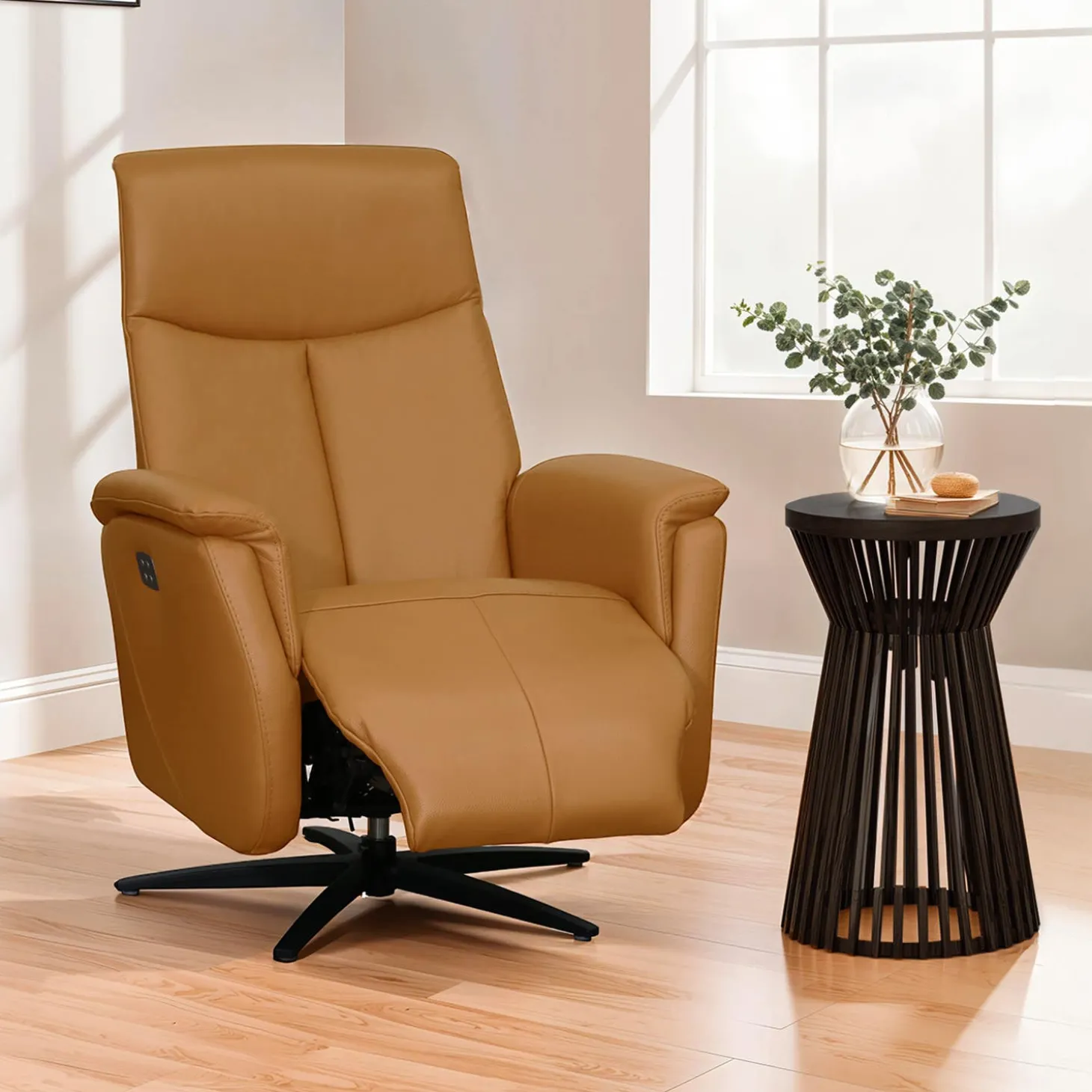 Fauteuil électrique inclinable et pivotant en cuir véritable - tan