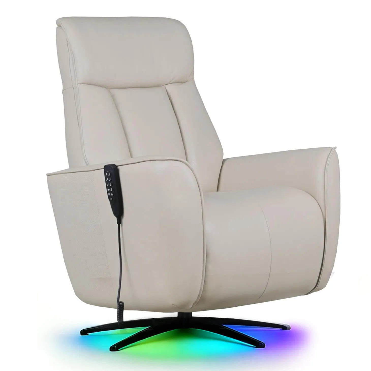 Fauteuil tout cuir électrique inclinable et pivotant 4 moteurs avec massage, haut-parleurs intégrés et lumières LED