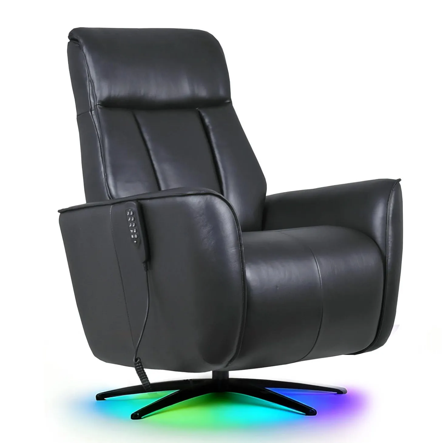 Fauteuil tout cuir électrique inclinable et pivotant 4 moteurs avec massage, haut-parleurs intégrés et lumières LED