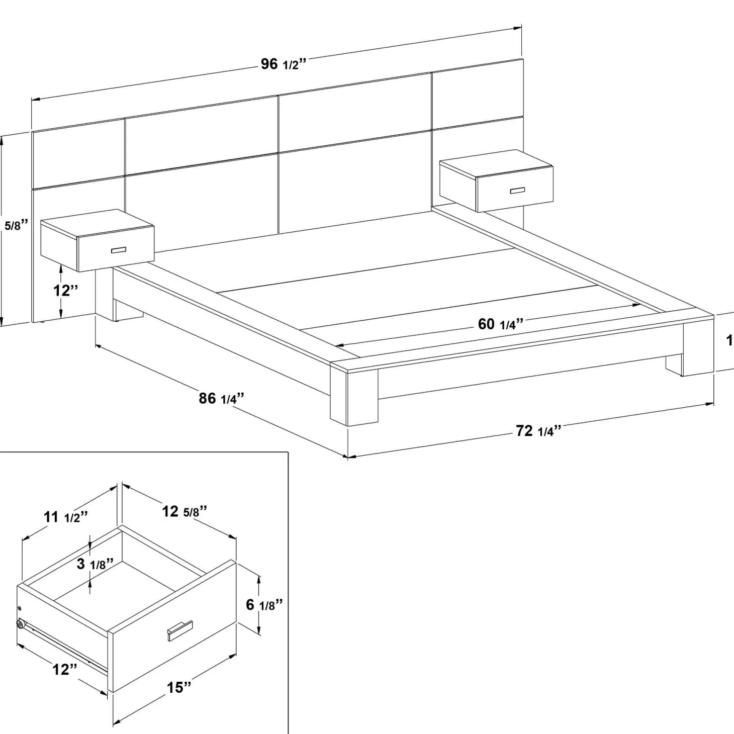 Grand lit avec panneaux et tables de chevet (60")