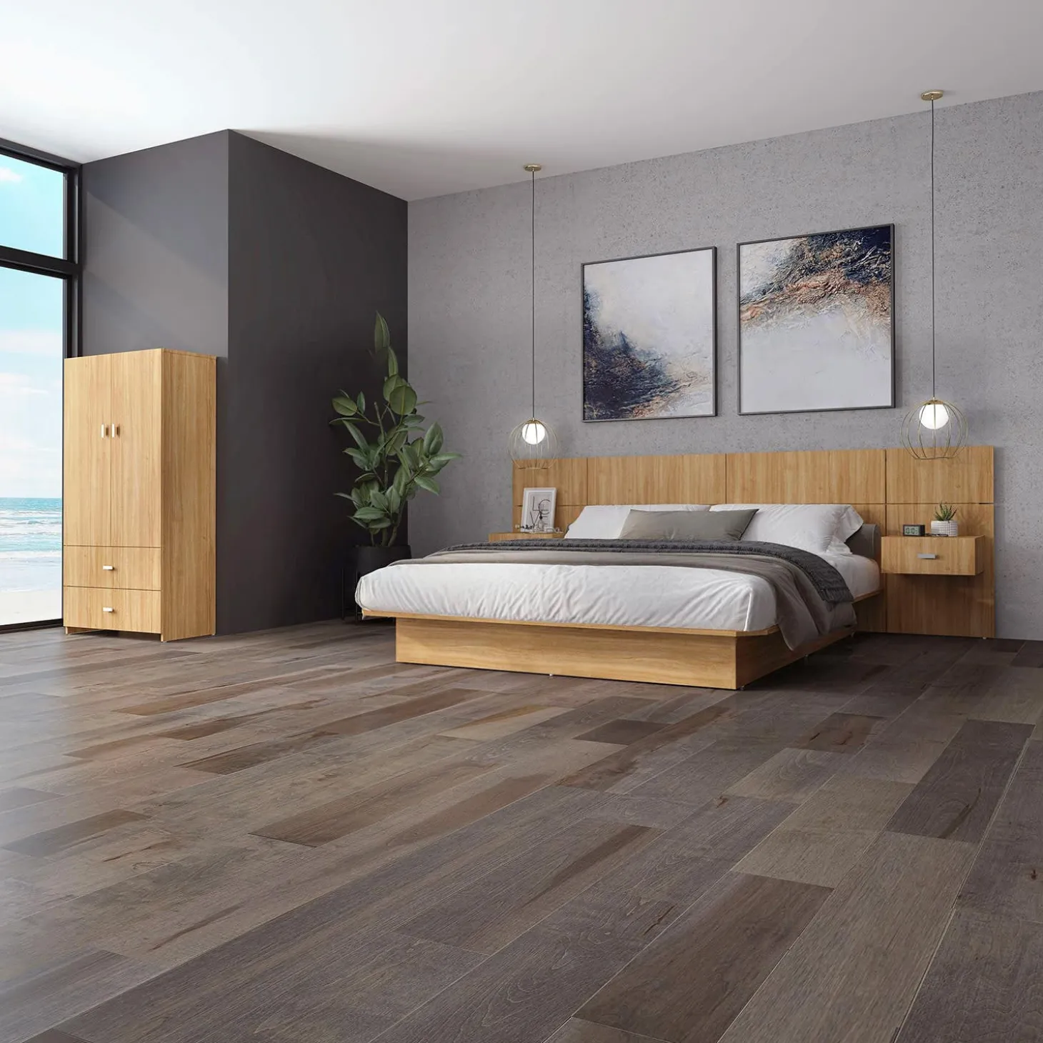 Grand lit avec panneaux et tables de chevet (60")