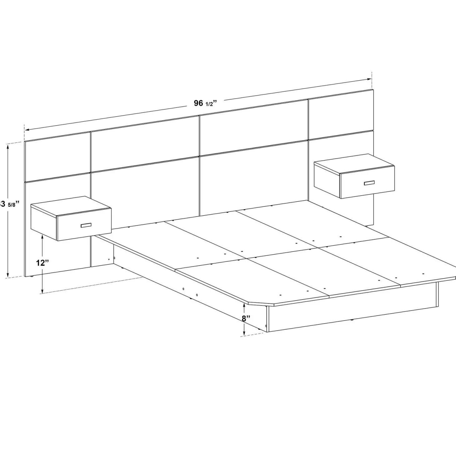 Grand lit avec panneaux et tables de chevet (60")
