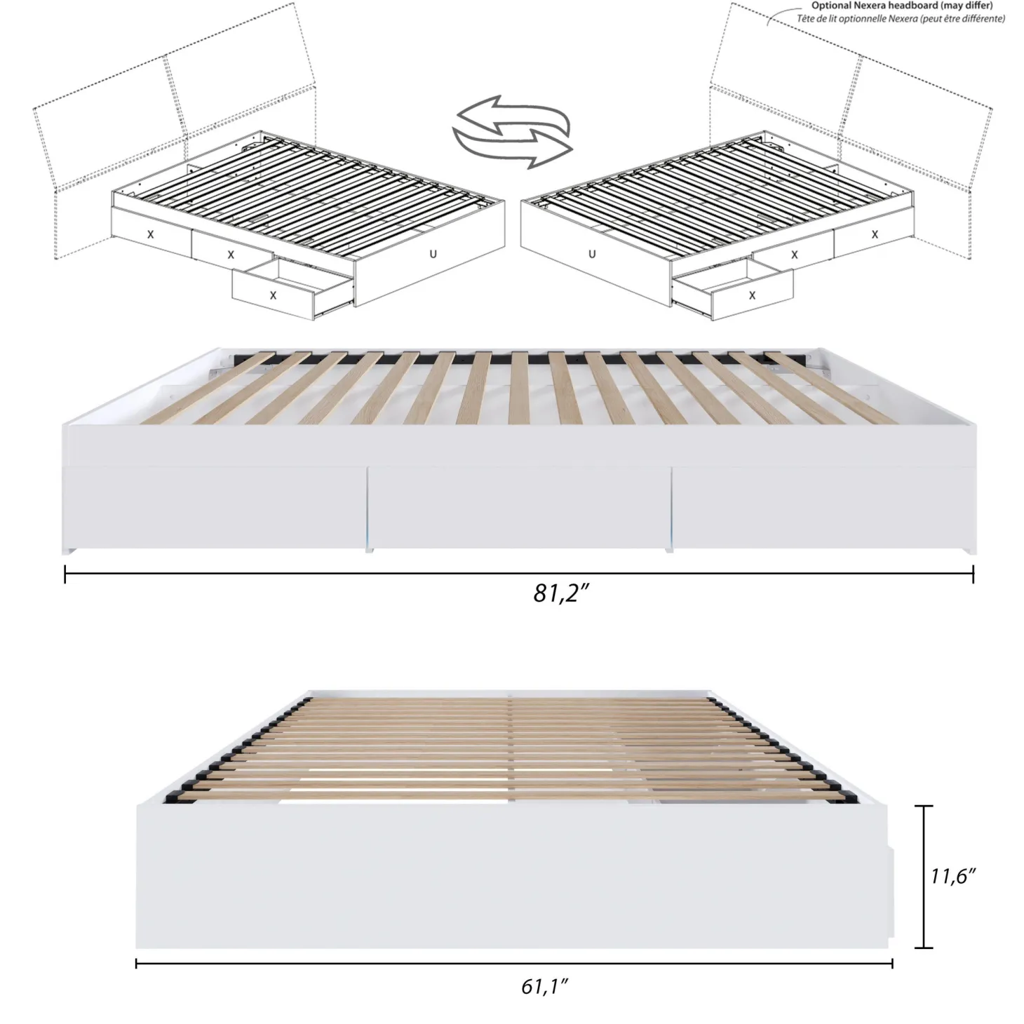 Grand lit avec rangement 3 tiroirs (60") - Nexera