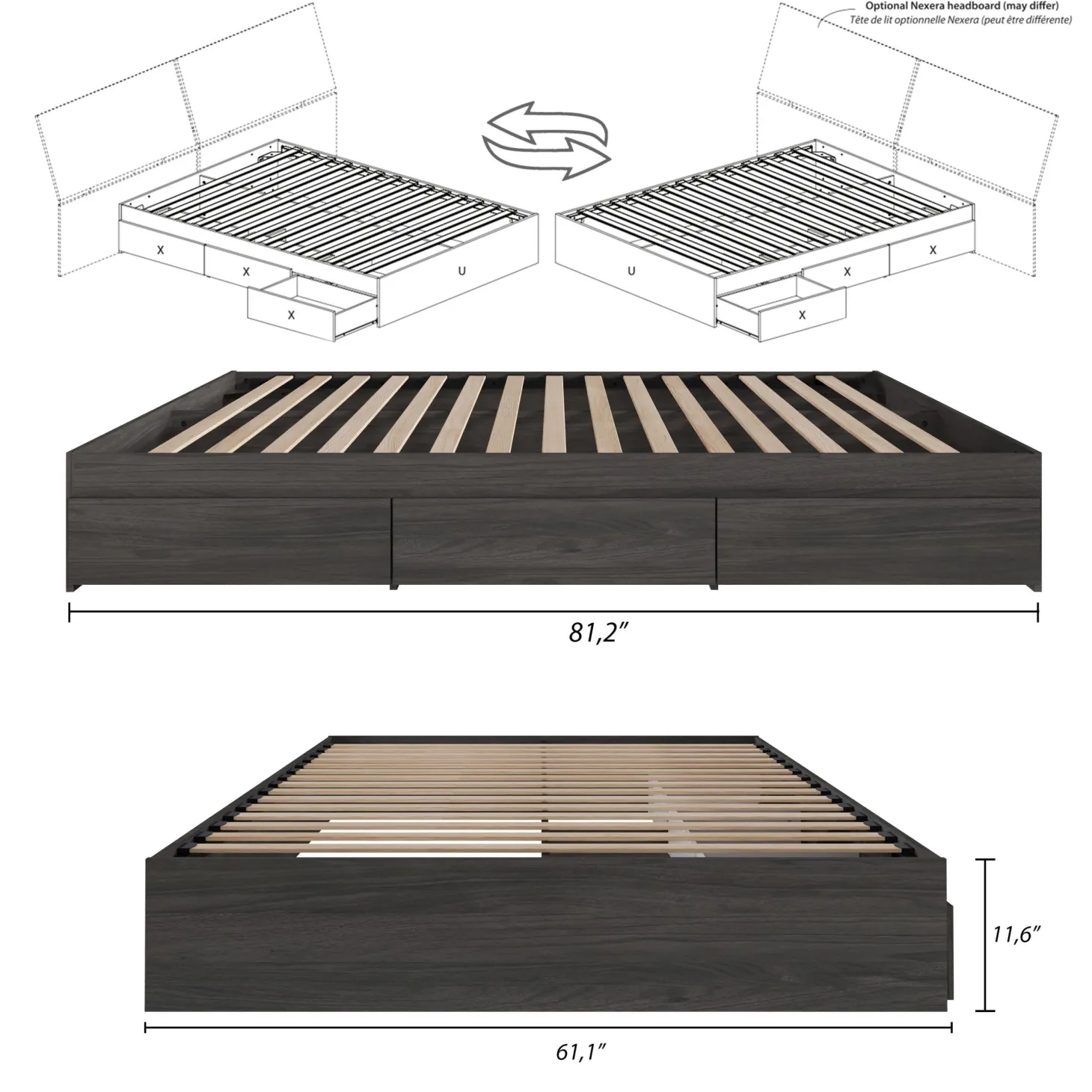 Grand lit avec rangement 3 tiroirs (60") - Nexera